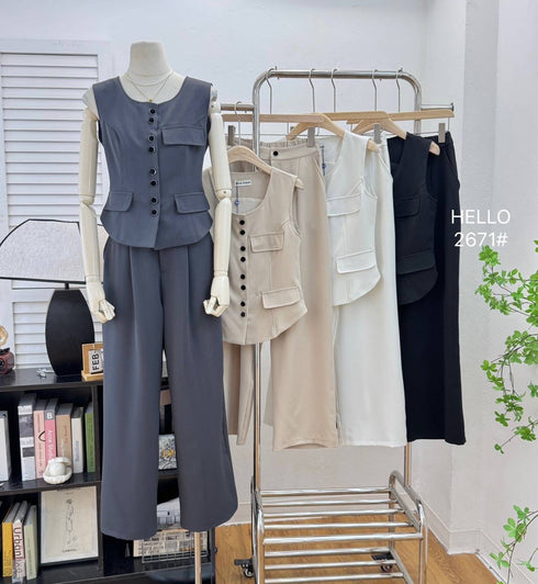 Spring Casual Button Down Vest With Trousers sets